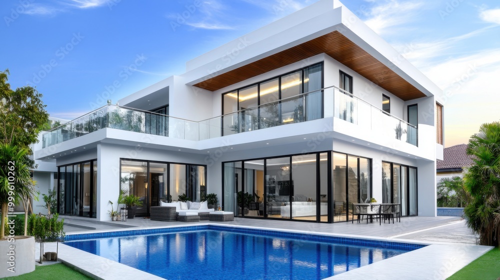 Fototapeta premium Modern Villa with Pool at Sunset
