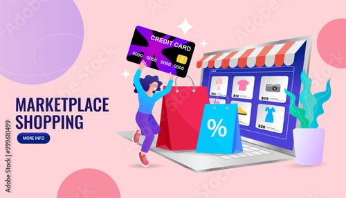 The joy of marketplace shopping online. A happy woman jumps, holding her credit card high to celebrate a successful purchase from an e-commerce store during a big sale event.