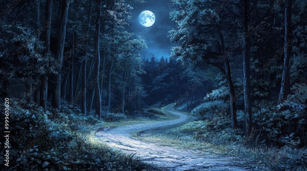 Winding Road through a Dense Moonlit Forest Winding Road through a Dense Moonlit Forest