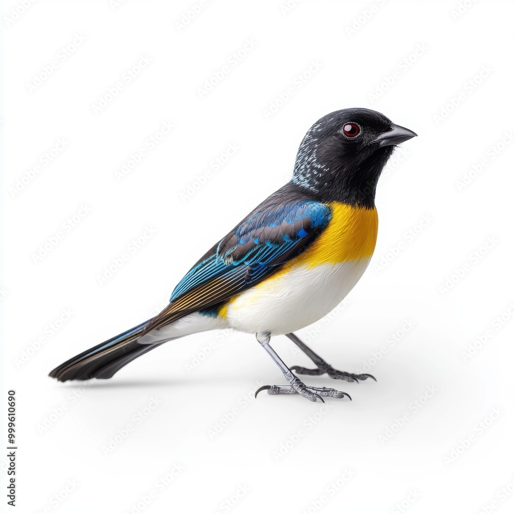 Obraz premium Vibrant Bird with Blue and Yellow Plumage on White Background