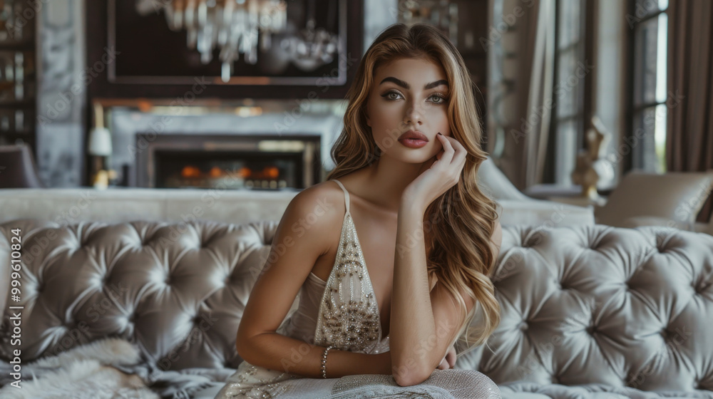 Fototapeta premium Young woman elegantly posed on an ornate sofa in a luxurious living room with elegant decor and soft lighting