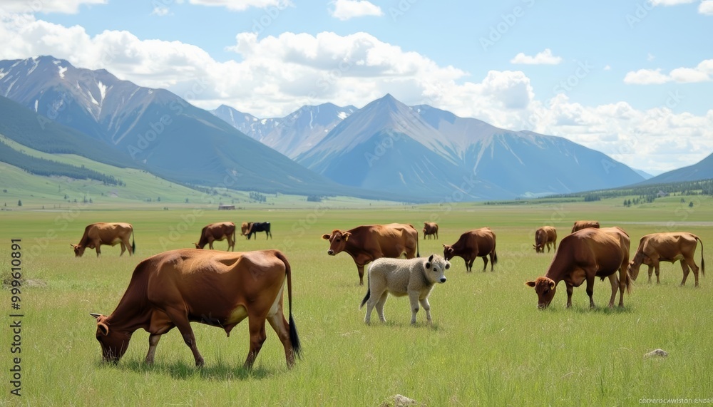 Peaceful pasture with grazing cattle under a mountainous sky Peaceful pasture with grazing cattle under a mountainous sky