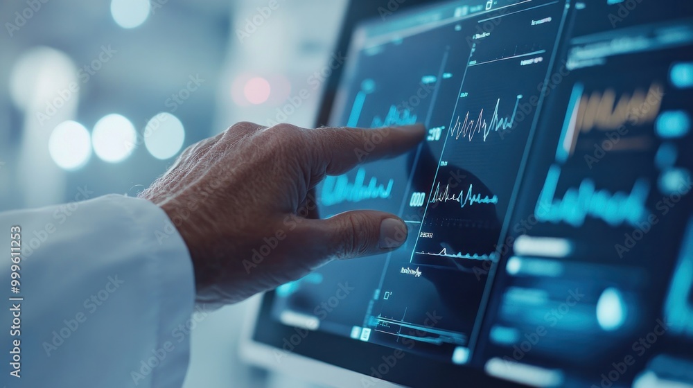 Doctor's hand interacting with a wave monitor that displays real-time patient data during treatment. Doctor's hand interacting with a wave monitor that displays real-time patient data during treatment.