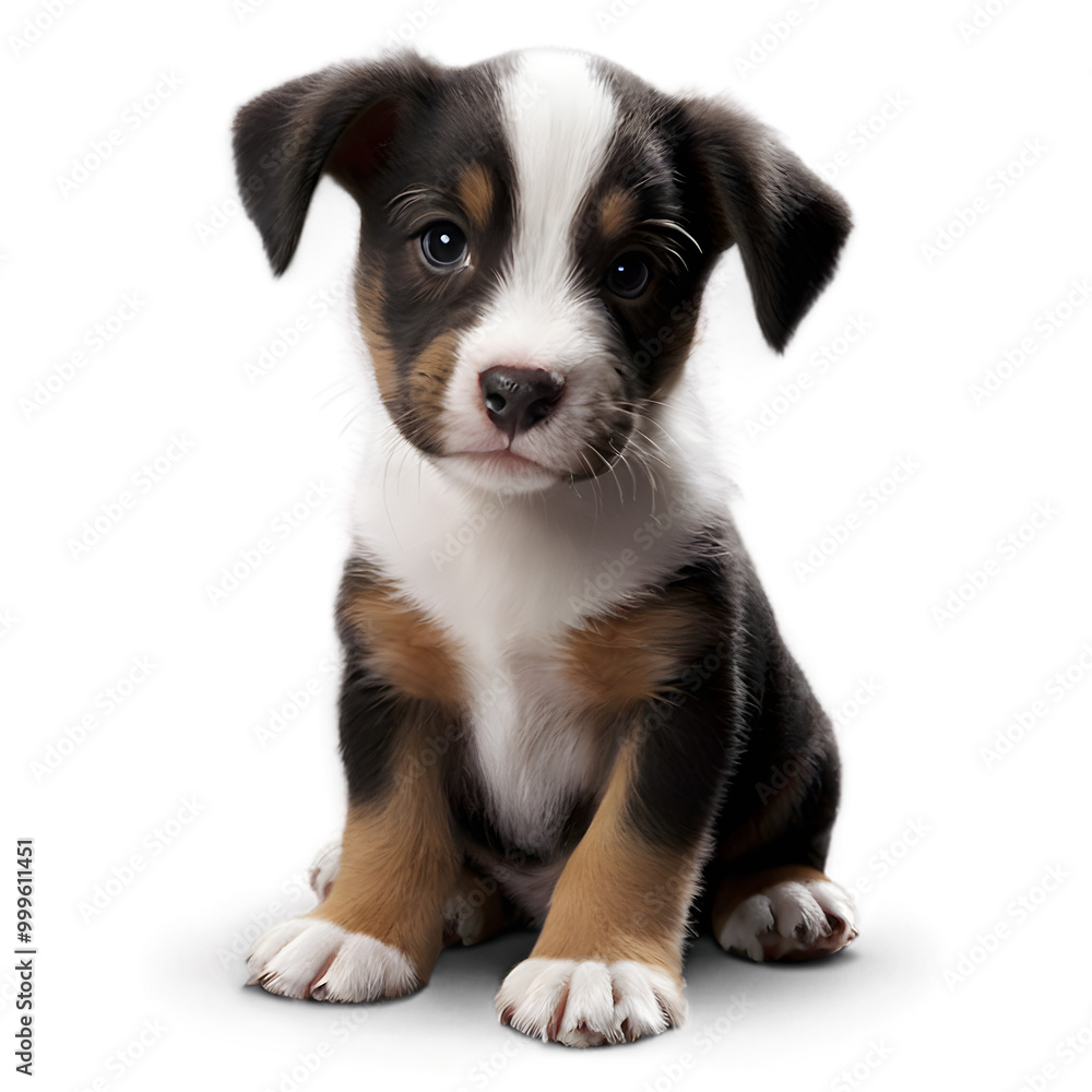 Cute tricolor puppy sitting against a transparent background Cute tricolor puppy sitting against a transparent background