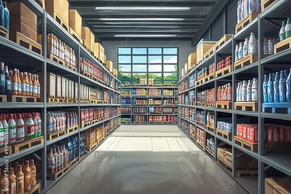 Illustrate a warehouse filled with neatly organized shelves stocked ...
