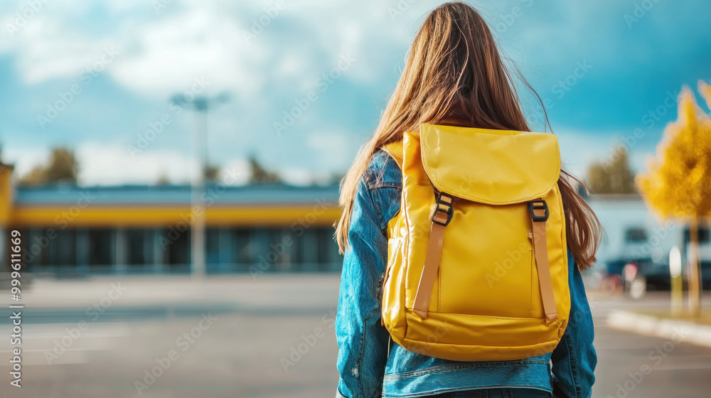 Young woman with yellow backpack in city. Traveling tourist urban destinations alone, walking journey freedom and education. Student hipster carrying bag trip, looking color springtime visit. Young woman with yellow backpack in city. Traveling tourist urban destinations alone, walking journey freedom and education. Student hipster carrying bag trip, looking color springtime visit.