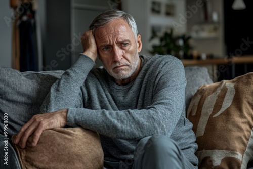 Worried Senior Man Sitting on Sofa at Home, Contemplating Aging