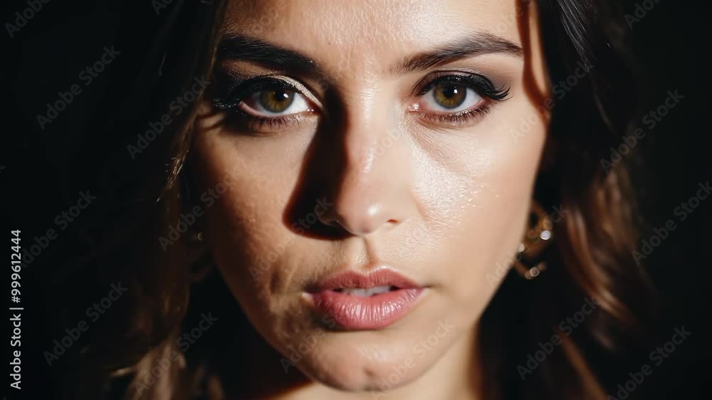 Intense gaze of a young woman highlighted by soft lighting Intense gaze of a young woman highlighted by soft lighting