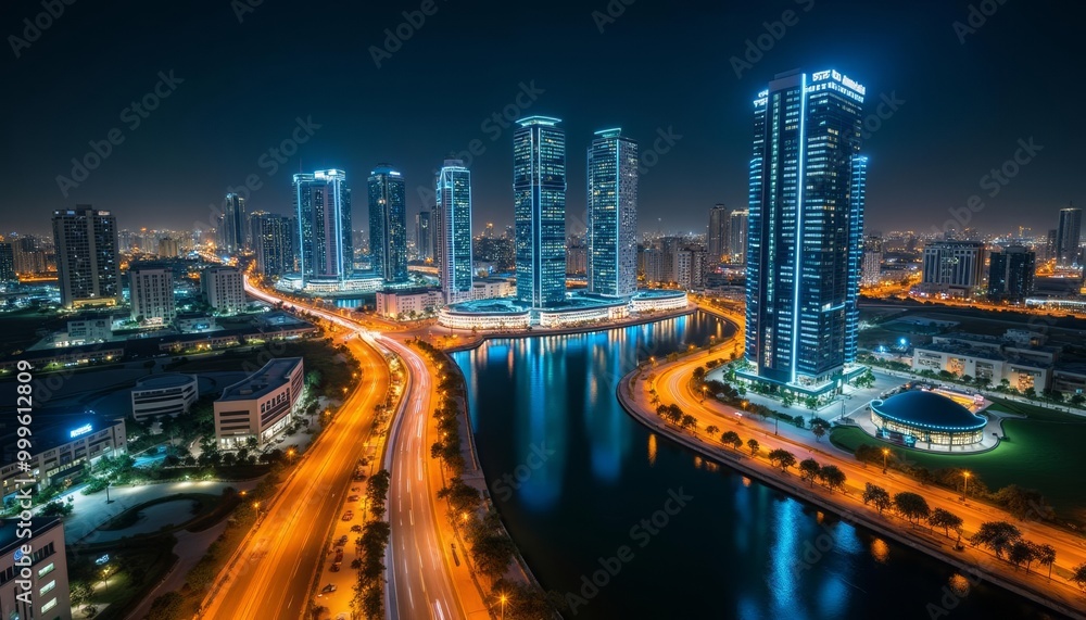 Vibrant cityscape at night with illuminated buildings and river Vibrant cityscape at night with illuminated buildings and river