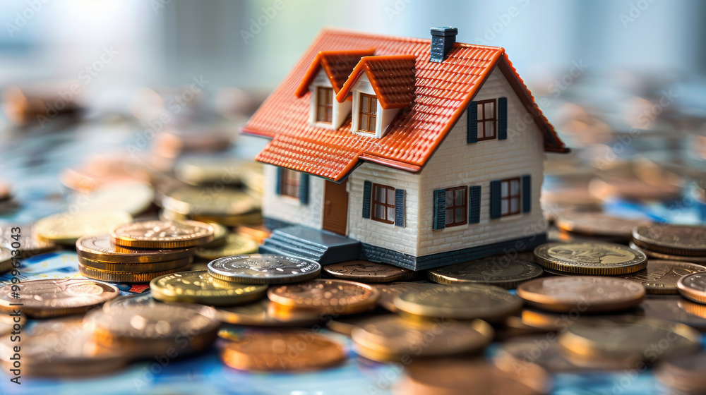 Miniature House on Pile of Coins Representing Real Estate Investment and Financial Growth Miniature House on Pile of Coins Representing Real Estate Investment and Financial Growth