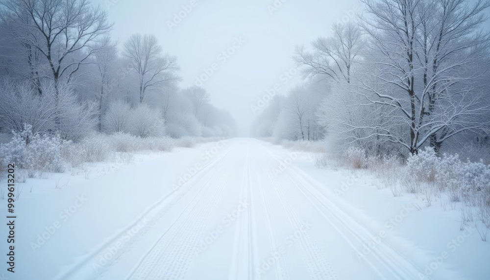 Winters embrace A serene snowy road Winters embrace A serene snowy road