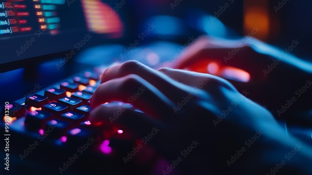 Obraz premium Hands typing on a backlit keyboard with glowing keys.