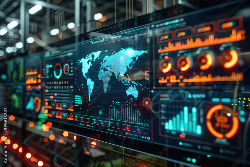 Futuristic Digital Interface with Global Data Analytics and Interactive Graphs in a High-Tech Environment Futuristic Digital Interface with Global Data Analytics and Interactive Graphs in a High-Tech Environment