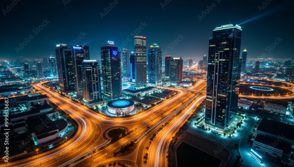 Vibrant cityscape at night illuminated by neon lights and bustling traffic Vibrant cityscape at night illuminated by neon lights and bustling traffic