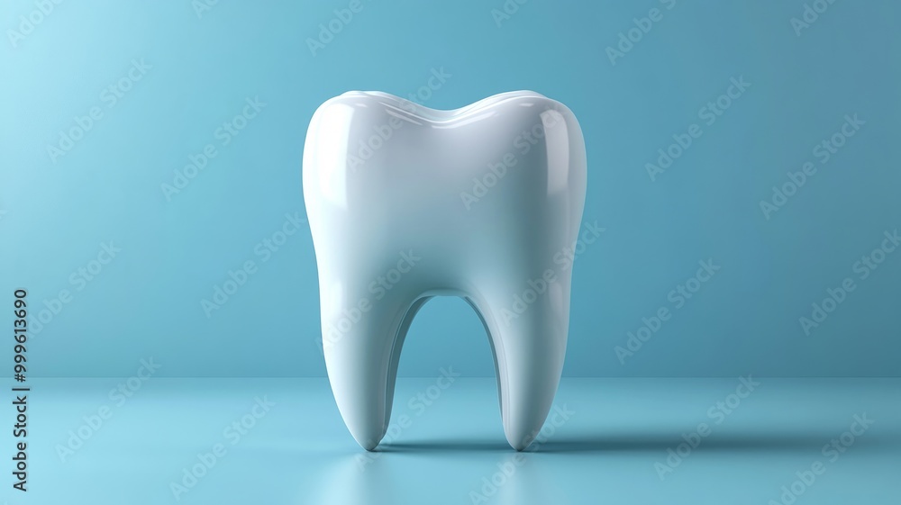 Shiny white tooth in modern clean setting on blue background Shiny white tooth in modern clean setting on blue background