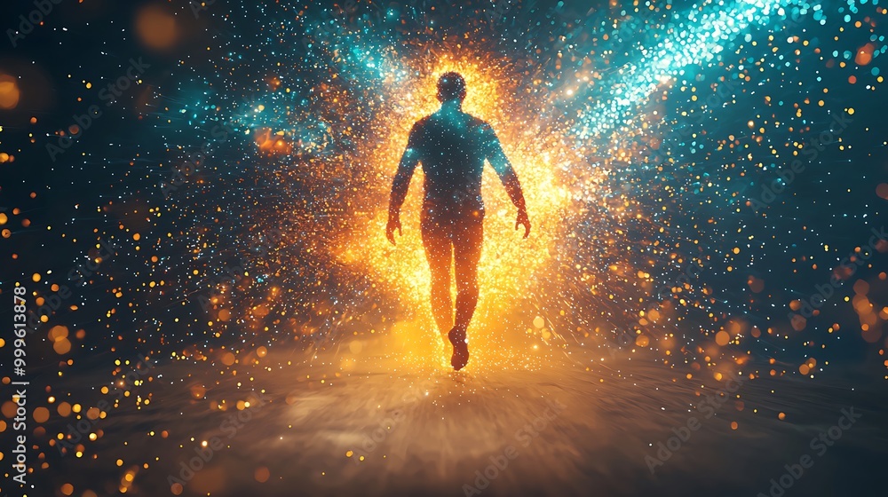 A man walking through an ethereal cloud of glowing light particles, a spiritual journey made visible. A man walking through an ethereal cloud of glowing light particles, a spiritual journey made visible.