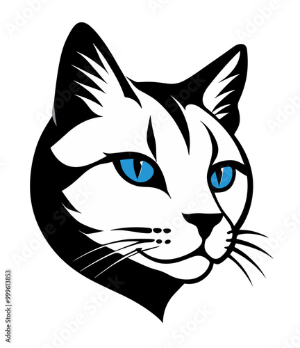 Cat blue eyes, black and white isolated for logo, symbol or emblem