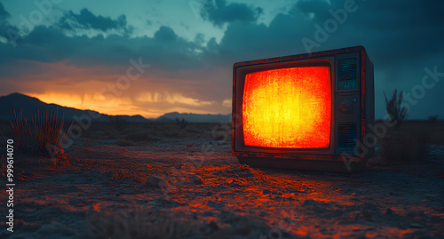 A Large Television in the Middle of an Empty Desert Glowing with Bright Light 