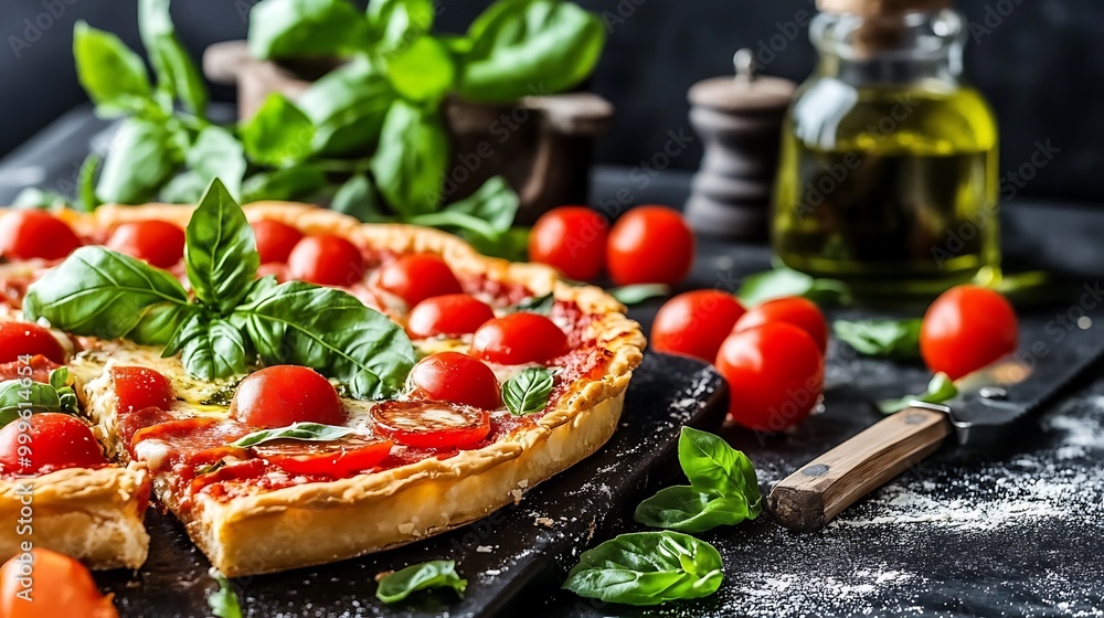 Delicious Homemade Pizza with Cherry Tomatoes  Basil and Olive Oil