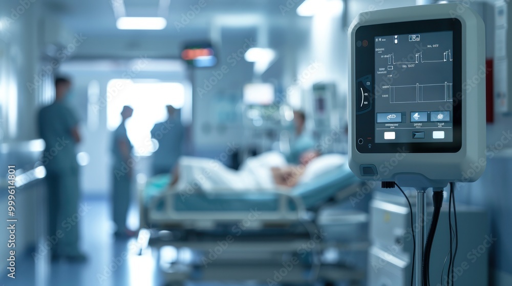 State-of-the-art defibrillator in a well-lit emergency room with medical personnel on hand to provide support. Medical innovation. State-of-the-art defibrillator in a well-lit emergency room with medical personnel on hand to provide support. Medical innovation.