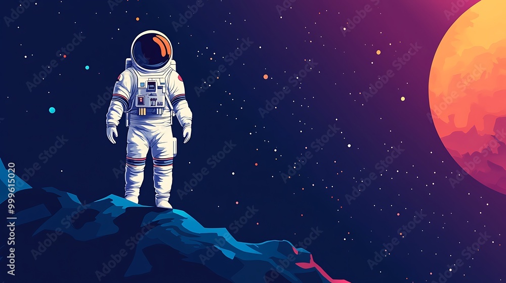 Astronaut standing on a rocky surface in space, gazing out at a distant planet. Astronaut standing on a rocky surface in space, gazing out at a distant planet.