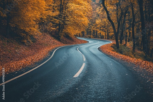 Curved Road Through Autumn Forest 