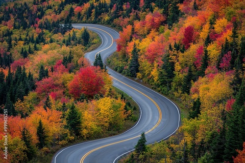 Curved Road Through Autumn Forest 