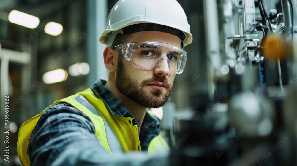 Male electrical engineer wearing a hard hat and safety glasses working on industrial equipment Male electrical engineer wearing a hard hat and safety glasses working on industrial equipment