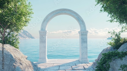 Classic Marble Arch on a Cliffside with Ocean View - Made with Generative AI