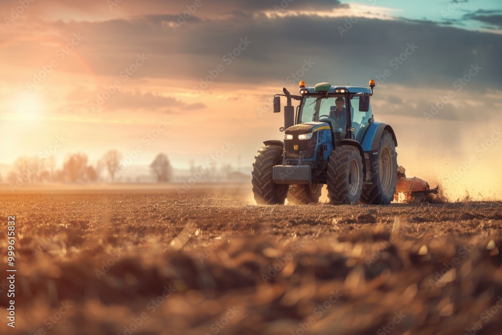 Fototapeta premium A tractor plowing a field at sunset