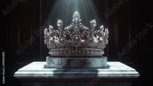 Silver Royal Crown on Marble Pedestal - Made with Generative AI photo