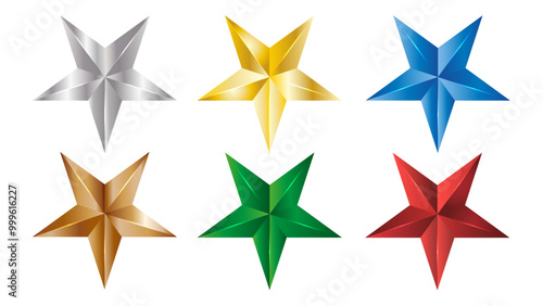 3D christmas star collection in silver, gold, copper, blue green and red metallic colors and metallic effect color gradients