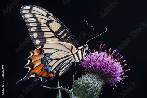 A pandora butterfly with wings spread, sitting on a purple thistle flower, on a black background with generative ai