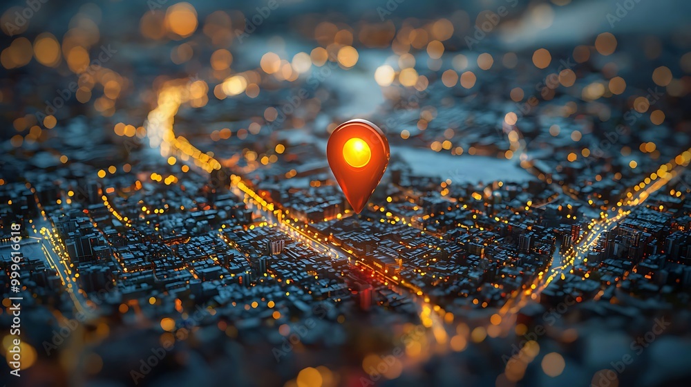 A cityscape highlighted by a pinpoint location, glowing under golden lights. A cityscape highlighted by a pinpoint location, glowing under golden lights.