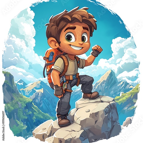 A happy boy climber standing proudly on a mountain peak, triumphant. photo