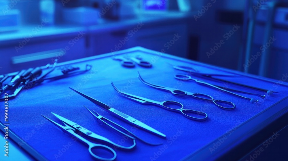 Set of surgical scissors, forceps, and clamps arranged on a blue sterile field in a high-tech operating theater Set of surgical scissors, forceps, and clamps arranged on a blue sterile field in a high-tech operating theater