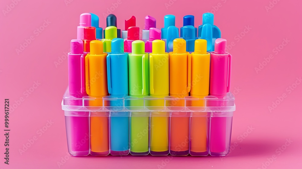 Various highlighters and markers in a holder