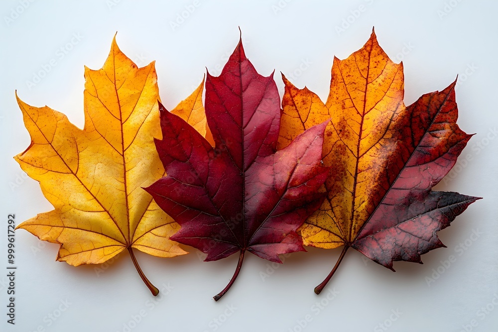 Obraz premium set of yellow, orange, red and maroon color autumn fall maple leaves on white background, autumn leaves, fall season