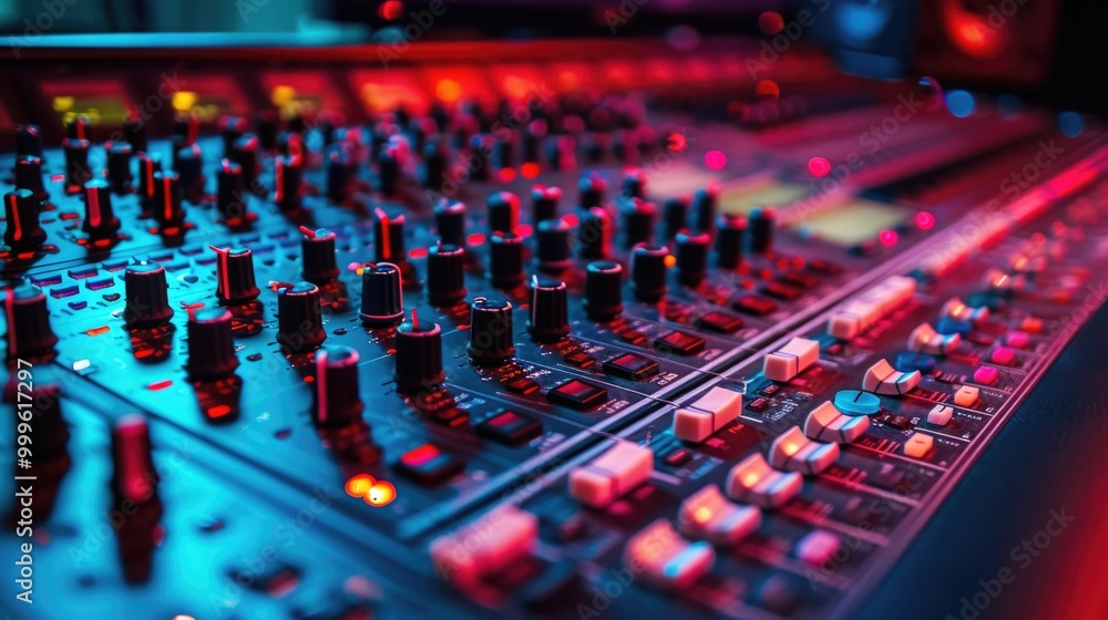 Close-up shot of a mixing board in a professional recording studio Close-up shot of a mixing board in a professional recording studio