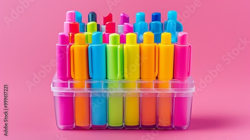 Various highlighters and markers in a holder