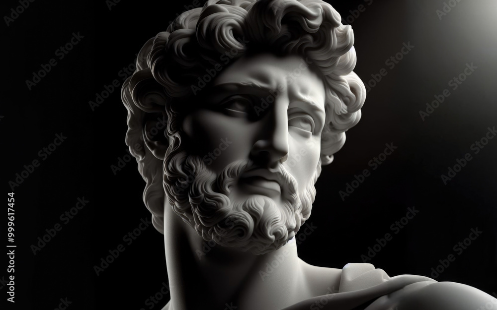 Head and shoulders detail of the ancient man with beard sculpture. Antique face with whiskers statue on black background. Head and shoulders detail of the ancient man with beard sculpture. Antique face with whiskers statue on black background.