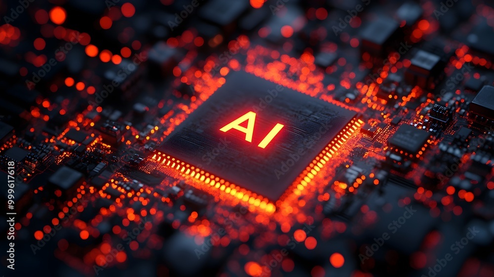 glowing circuit board close-up with ai chip in the middle. ai technology innovation, artificial intelligence, machine learning hardware, future of computing glowing circuit board close-up with ai chip in the middle. ai technology innovation, artificial intelligence, machine learning hardware, future of computing