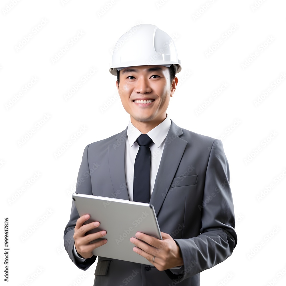 Professional Engineer Holding Tablet in Safety Helmet on white background. Professional Engineer Holding Tablet in Safety Helmet on white background.