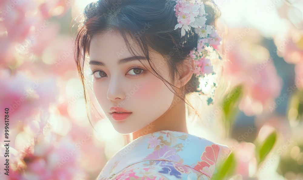 Woman in kimono amidst pink blossoms. Woman in kimono amidst pink blossoms.