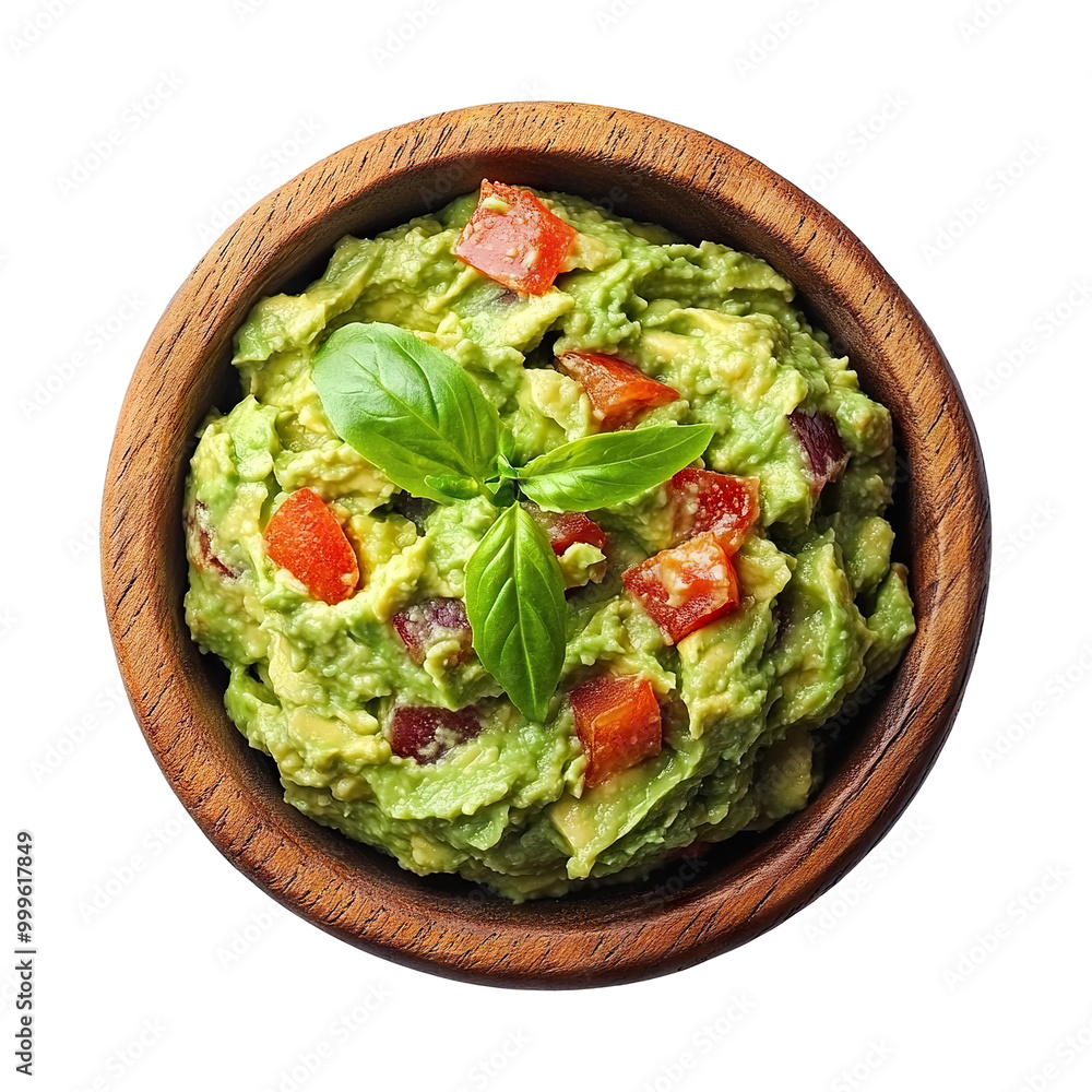 Wooden bowl with guacamole and tomatoes, isolated on transparent cutout background Wooden bowl with guacamole and tomatoes, isolated on transparent cutout background