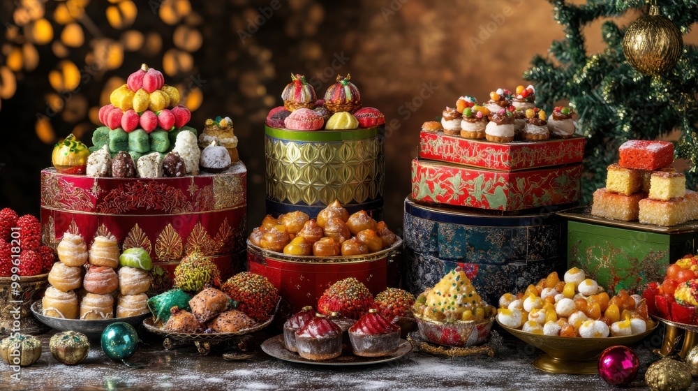 A global selection of festival sweets presented in luxurious containers, offering a colorful and festive display. A global selection of festival sweets presented in luxurious containers, offering a colorful and festive display.
