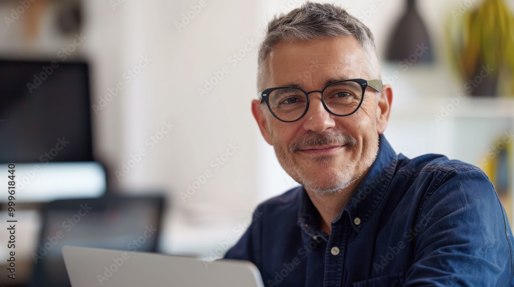 Smiling middle-aged man with glasses working on a laptop in a cozy workspace during the day Smiling middle-aged man with glasses working on a laptop in a cozy workspace during the day
