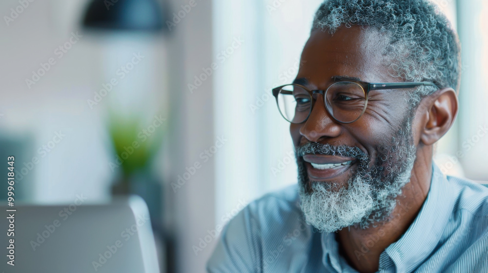 Smiling middle-aged man with glasses working on a laptop in a cozy workspace during the day Smiling middle-aged man with glasses working on a laptop in a cozy workspace during the day