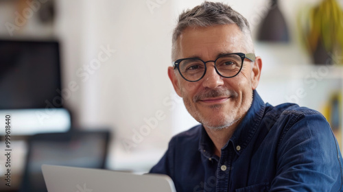 Smiling middle-aged man with glasses working on a laptop in a cozy workspace during the day