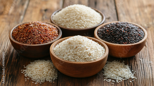 "Various types of uncooked rice displayed in bowls on a wooden table."